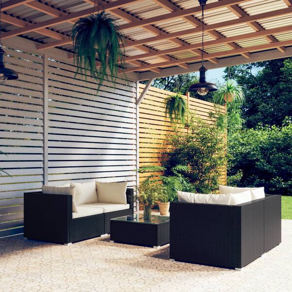 vidaXL 5 pcs conjunto lounge de jardim c/ almofad&otilde;es vime PE preto