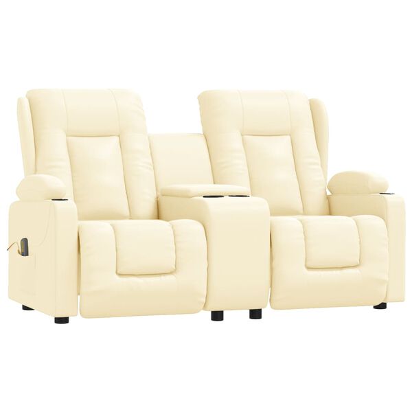 vidaXL Poltrona massagens 2 lug. reclinável sup. copo couro art. creme