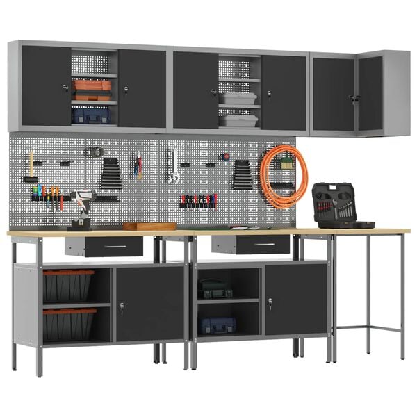 vidaXL Conjunto de Arm&aacute;rios de Trabalho Manual 10 pcs Preto e Cinza
