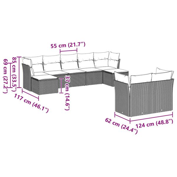 vidaXL 9 pcs conj. sof&aacute;s jardim com almofad&otilde;es vime PE cinzento-claro