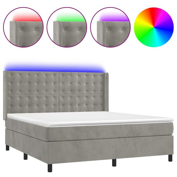 vidaXL Cama box spring c/ colch&atilde;o/LED 180x200 cm veludo cinzento-claro