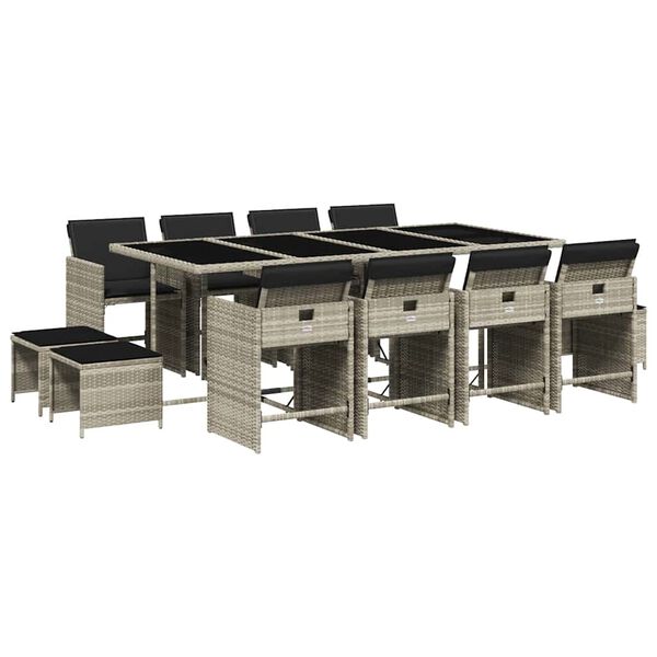 vidaXL 13 pcs conj. jantar jardim c/ almofad&otilde;es vime PE cinzento-claro