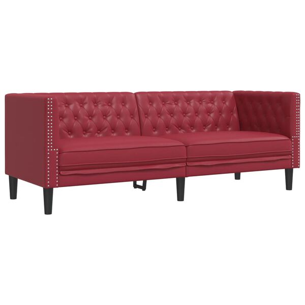 vidaXL 3 pcs conj. de sof&aacute;s chesterfield couro artif. vermelho tinto