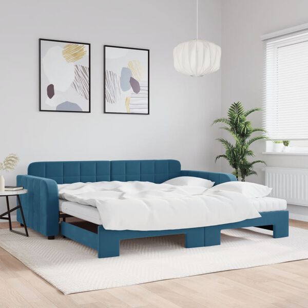 vidaXL Sof&aacute;-cama com gavet&atilde;o e colch&otilde;es 100x200 cm veludo azul