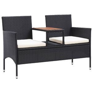 vidaXL Banco de jardim 2 lugares com mesa centro 143 cm vime PE preto