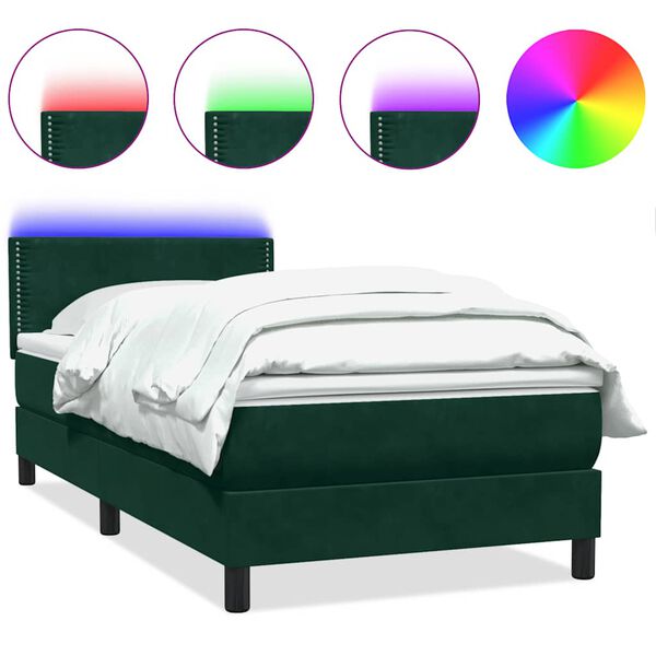 vidaXL Cama box spring c/ colch&atilde;o e LED verde-escuro 90x210 cm veludo