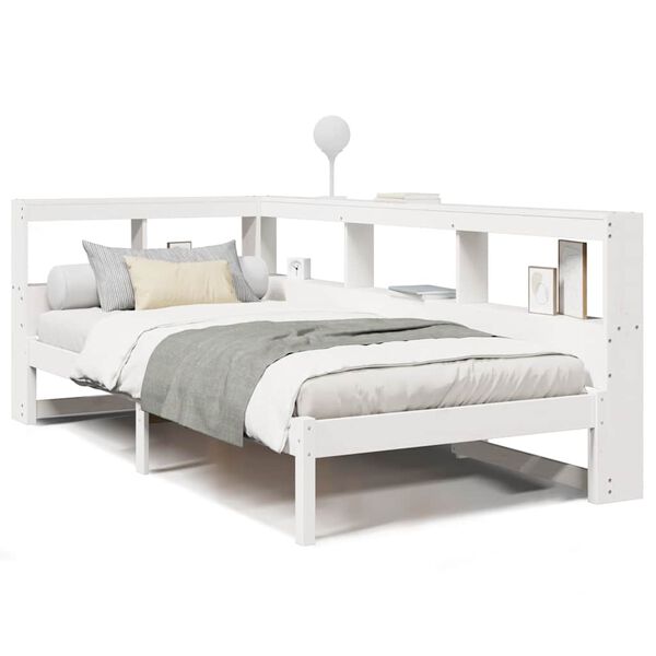 vidaXL Cama com estante sem colch&atilde;o 100x200 cm pinho maci&ccedil;o branco