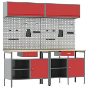 vidaXL Conjunto de bancada de trabalho 8 unid. Vermelho e Cinza