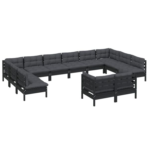 vidaXL 12 pcs conjunto lounge jardim c/ almofad&otilde;es pinho maci&ccedil;o preto