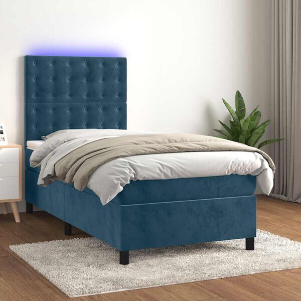 vidaXL Cama box spring c/ colch&atilde;o/LED 90x190 cm veludo azul-escuro