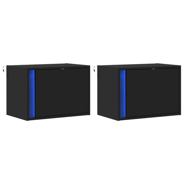 vidaXL Mesas de cabeceira de parede com luzes LED 2 pcs preto