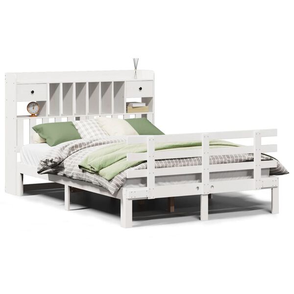 vidaXL Cama com estante sem colch&atilde;o 160x200 cm pinho maci&ccedil;o branco