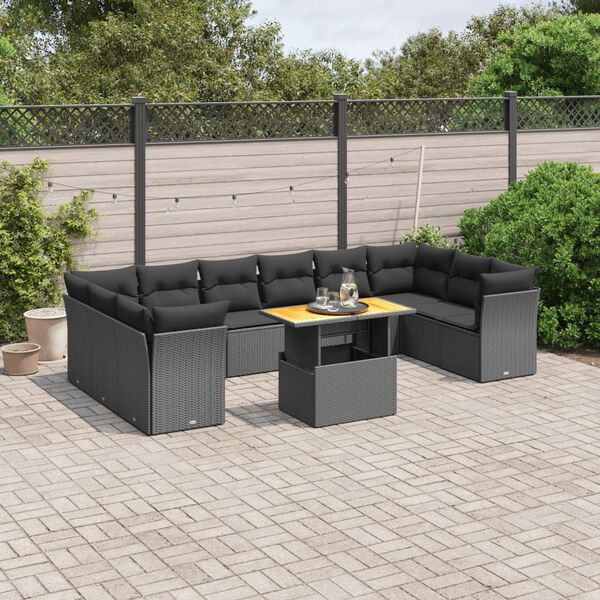 vidaXL 11 pcs conjunto sof&aacute;s de jardim c/ almofad&otilde;es vime PE preto