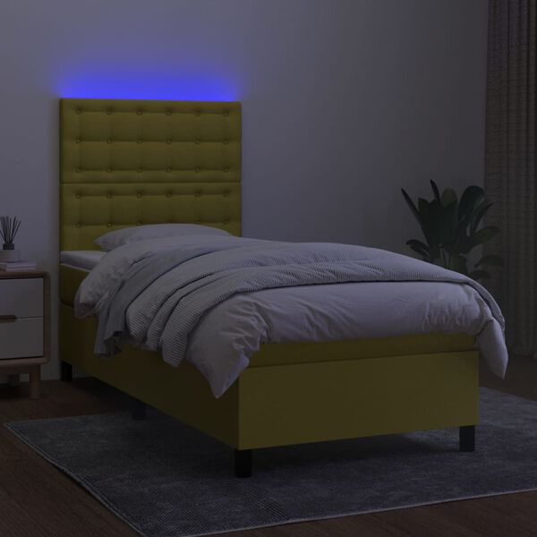 vidaXL Cama box spring c/ colch&atilde;o e LED 90x190 cm tecido verde