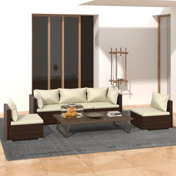 vidaXL 5 pcs conjunto lounge jardim c/ almofadões vime PE castanho