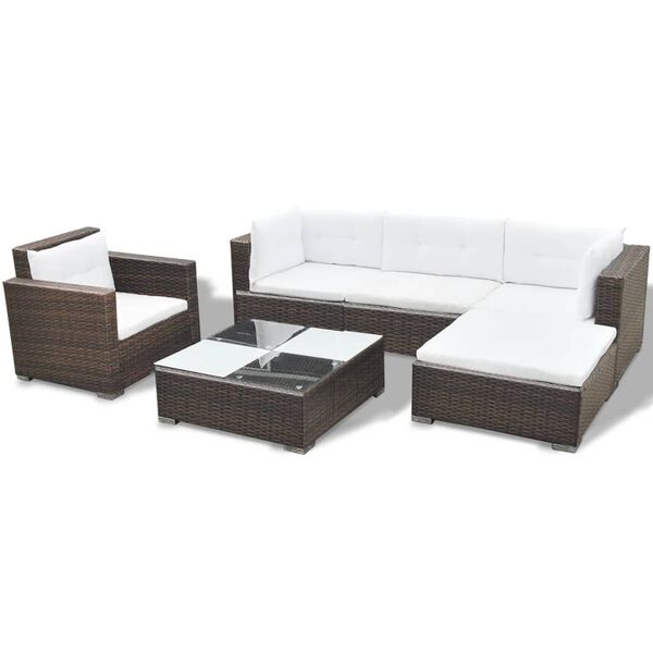 vidaXL 6 pcs conjunto lounge jardim c/ almofad&otilde;es vime PE castanho