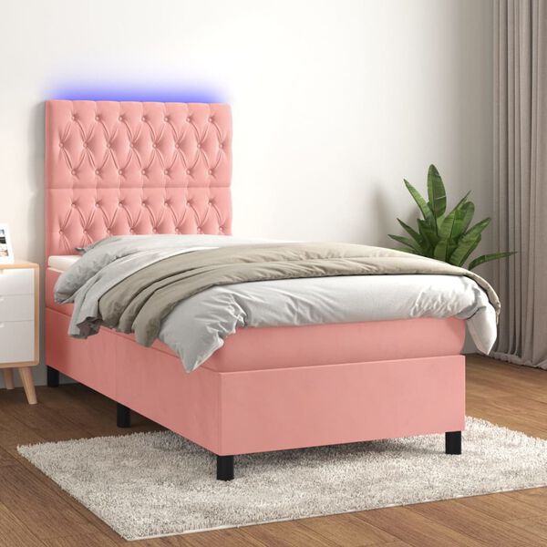 vidaXL Cama box spring c/ colch&atilde;o/LED 90x190 cm veludo rosa