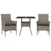 vidaXL 3 pcs conjunto jantar jardim c/ almofad&otilde;es vime PE/vidro cinza