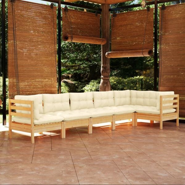 vidaXL 6 pcs conjunto lounge de jardim c/ almofadões cor creme pinho
