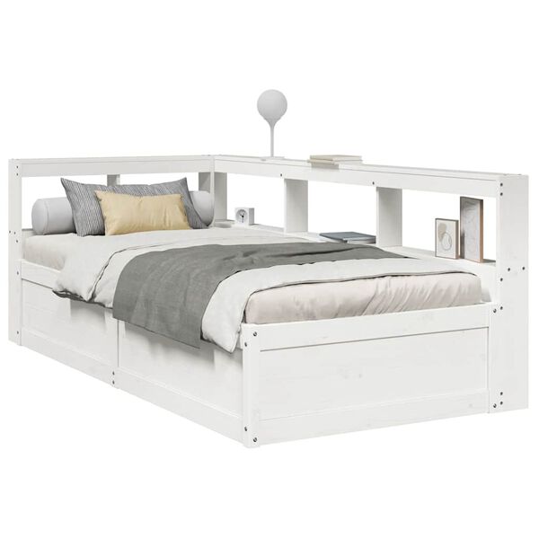 vidaXL Cama com estante sem colch&atilde;o 75x190 cm pinho maci&ccedil;o branco