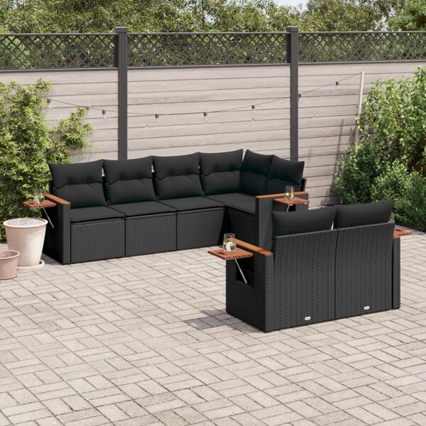 vidaXL 7 pcs conjunto de sof&aacute;s p/ jardim c/ almofad&otilde;es vime PE preto