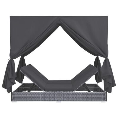 vidaXL Espreguiçadeira de exterior com cortinas em vime PE cinzento