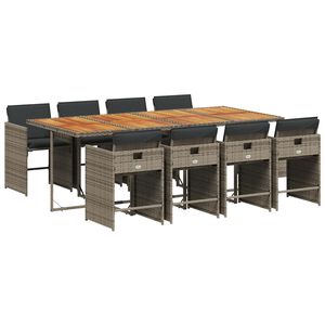 vidaXL 9 pcs conjunto de jantar p/ jardim c/ almofad&otilde;es vime PE cinza