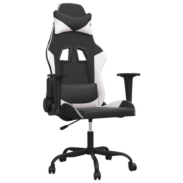 vidaXL Cadeira gaming massagens couro artificial preto e branco