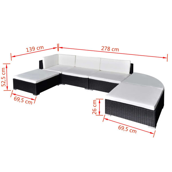 vidaXL 6 pcs conjunto lounge de jardim c/ almofad&otilde;es vime PE preto