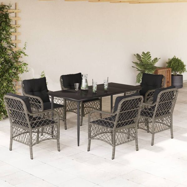 vidaXL 7 pcs conjunto de jantar p/ jardim c/ almofad&otilde;es vime PE cinza
