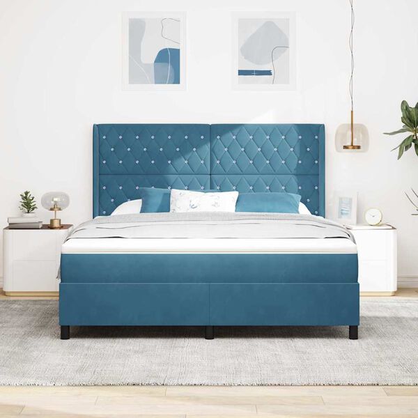 vidaXL Cama Box Spring com LED e Colch&atilde;o Azul 180 x 200 cm Veludo