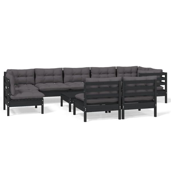 vidaXL 10 pcs conjunto lounge jardim c/ almofad&otilde;es pinho maci&ccedil;o preto
