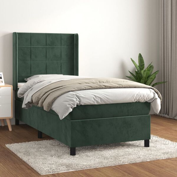 vidaXL Cama com molas/colch&atilde;o 100x200 cm veludo verde-escuro