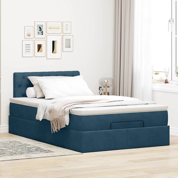 vidaXL Cama otomana com colch&atilde;o & LEDs 120x190cm veludo azul-escuro