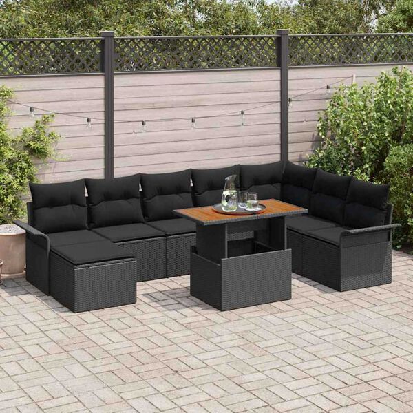 vidaXL Conjunto de Sof&aacute; de Jardim 9 pcs Preto Rattan Sint&eacute;tico