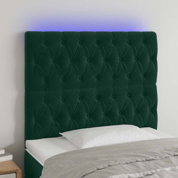 vidaXL Cabeceira de cama c/ LED veludo 100x7x118/128 cm verde-escuro