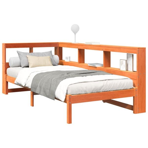 vidaXL Cama com estante sem colchão 75x190cm pinho maciço castanho-mel
