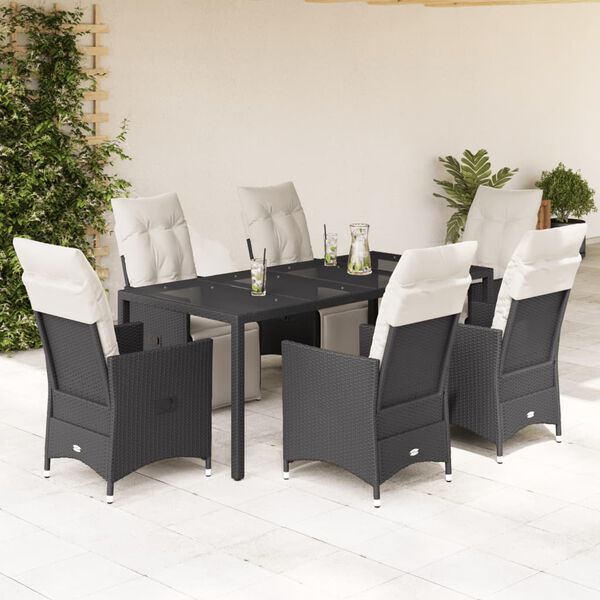 vidaXL 7 pcs conjunto de jantar p/ jardim c/ almofad&otilde;es vime PE preto