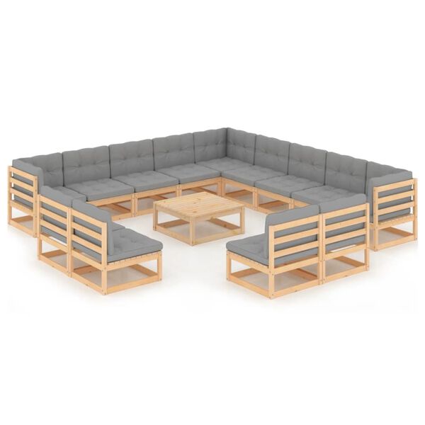 vidaXL 14 pcs conjunto lounge de jardim com almofad&otilde;es pinho maci&ccedil;o