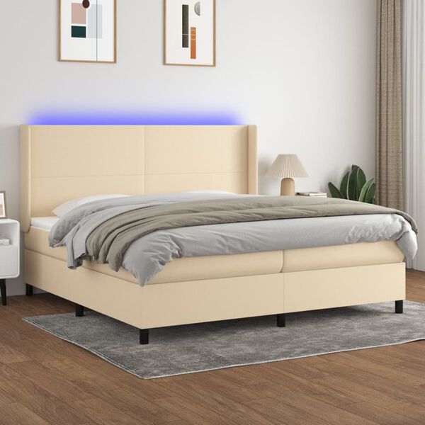 vidaXL Cama box spring c/ colch&atilde;o e LED 200x200 cm tecido cor creme