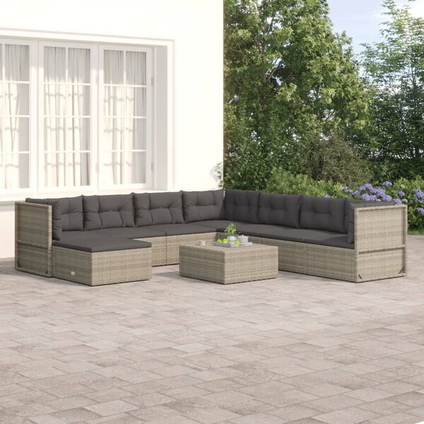 vidaXL 8 pcs conjunto lounge de jardim c/ almofad&otilde;es vime PE cinzento