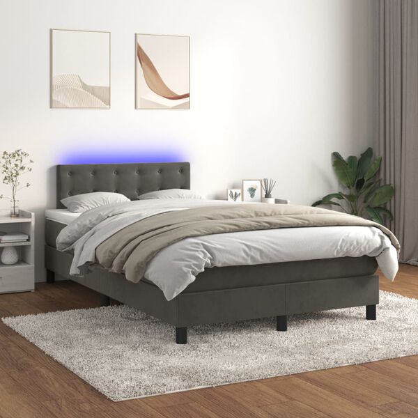 vidaXL Cama box spring c/ colch&atilde;o/LED 120x200cm veludo cinzento-escuro
