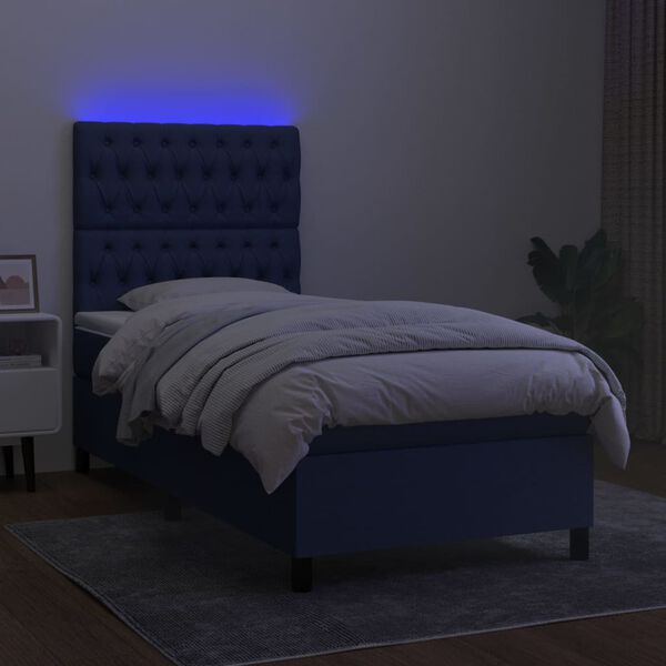vidaXL Cama box spring c/ colch&atilde;o e LED 90x190 cm tecido azul