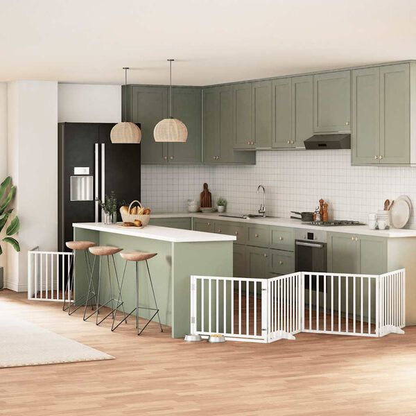 vidaXL Port&atilde;o p/ c&atilde;es com porta dobr&aacute;vel 6 pain&eacute;is 480 cm &aacute;lamo branco