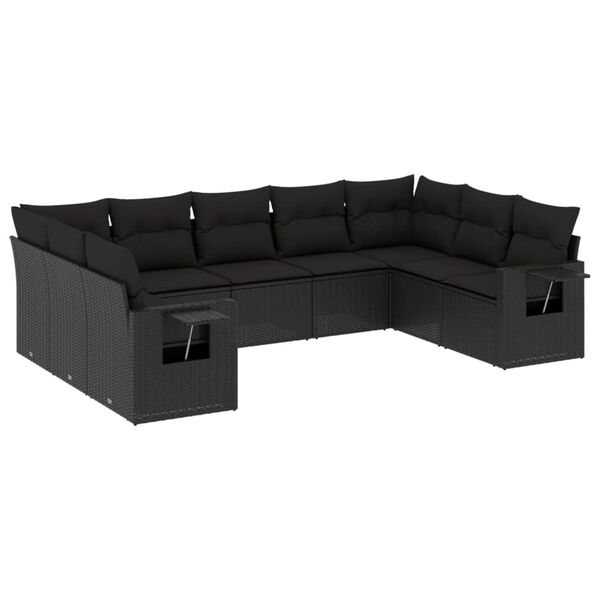 vidaXL 9 pcs conjunto de sof&aacute;s p/ jardim c/ almofad&otilde;es vime PE preto
