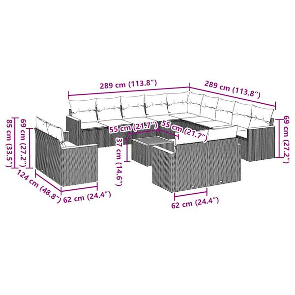 vidaXL 14 pcs conjunto de sof&aacute;s p/ jardim c/ almofad&otilde;es vime PE preto