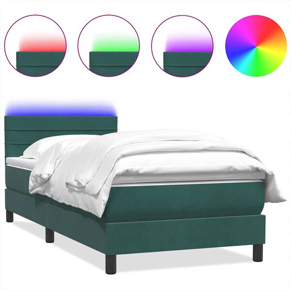 vidaXL Cama box spring c/ colch&atilde;o e LED verde-escuro 90x210 cm veludo