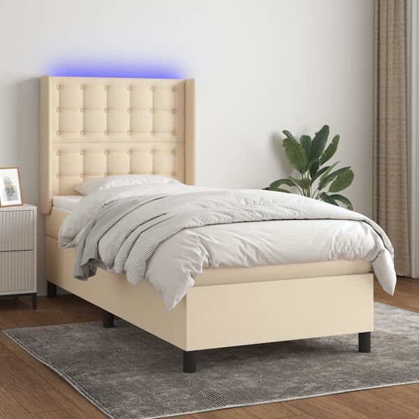 vidaXL Cama box spring c/ colch&atilde;o e LED 90x200 cm tecido cor creme