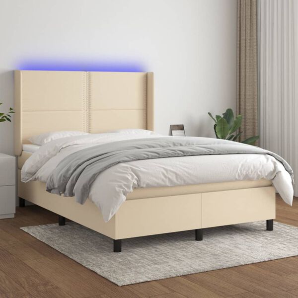 vidaXL Cama box spring c/ colch&atilde;o e LED 140x190 cm tecido cor creme