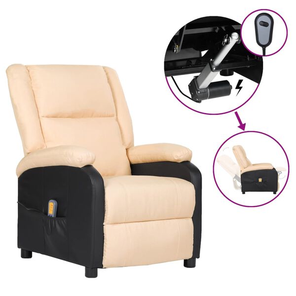 vidaXL Poltrona massagens elétrica couro artificial/tecido cor creme